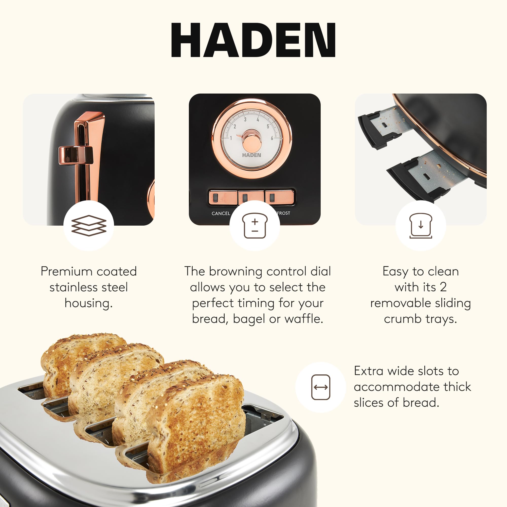 Haden Dorset 4 Slice Wide Slot Stainless Steel Toaster with Adjustable Browning Control & Non-Slip Feet, Black & Copper