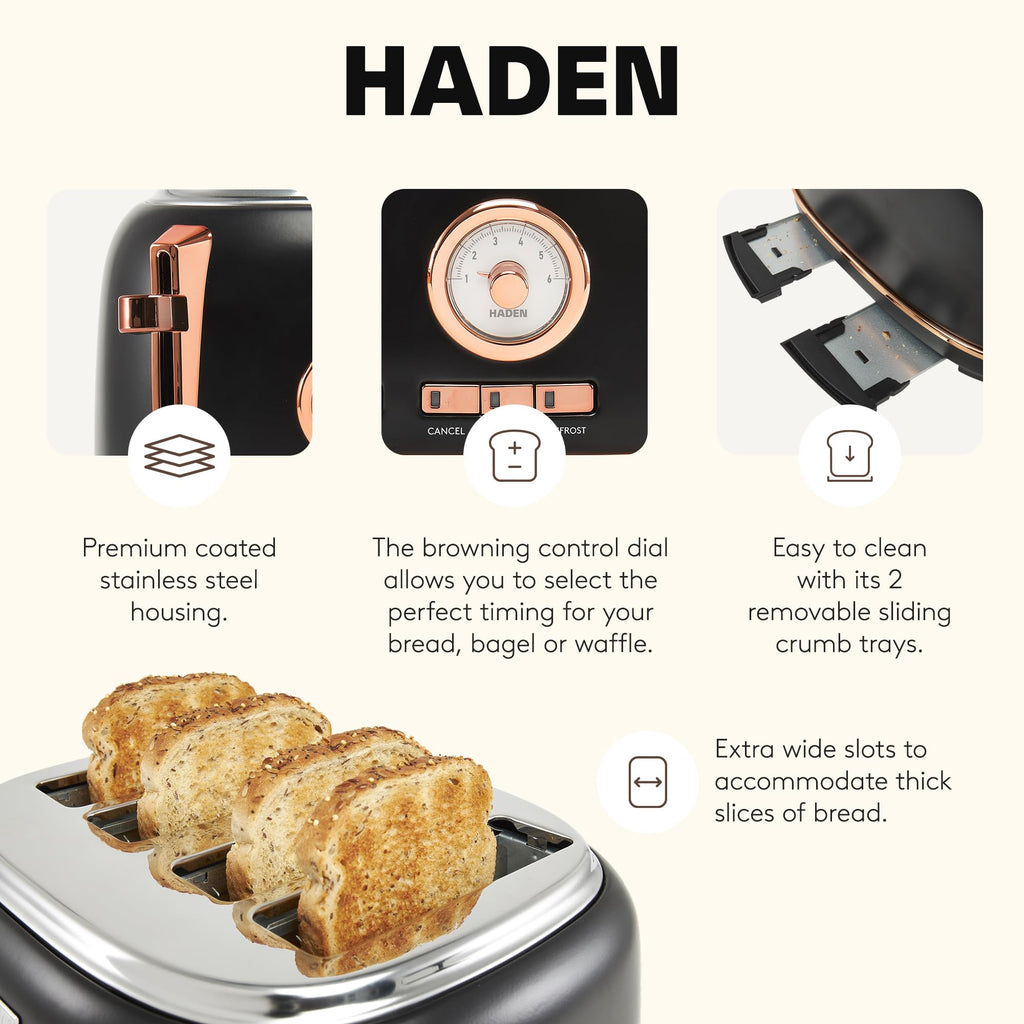 Haden Dorset 4 Slice Wide Slot Stainless Steel Toaster with Adjustable Browning Control & Non-Slip Feet, Black & Copper