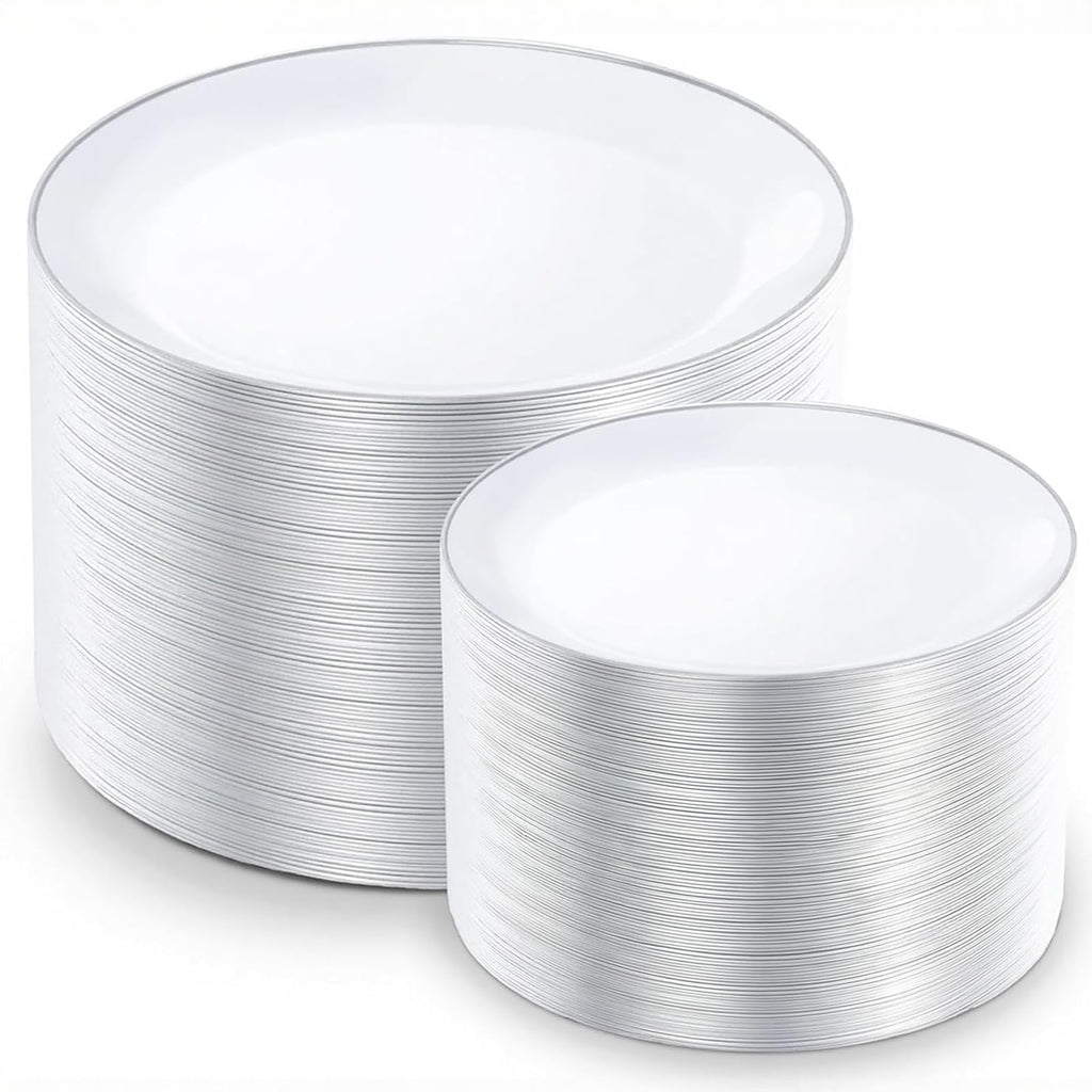 KIRE 200PCS Silver Plastic Plates - White Plastic Plates with Silver Rim Include 100 Dinner Plate and 100 for Dessert/Salad Plate for Birthday/Wedding/Party