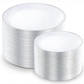 KIRE 200PCS Silver Plastic Plates - White Plastic Plates with Silver Rim Include 100 Dinner Plate and 100 for Dessert/Salad Plate for Birthday/Wedding/Party