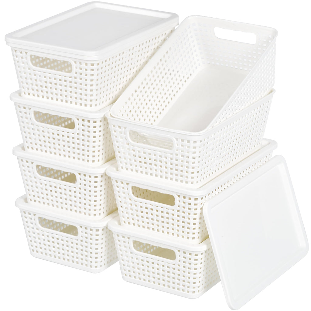 Anywish Plastic Storage Baskets With Lid, Storage Bins for Organizing, Stackable Decorative Containers for Shelves Drawers Desktop Closet Playroom Classroom Office, 8 Pack-White