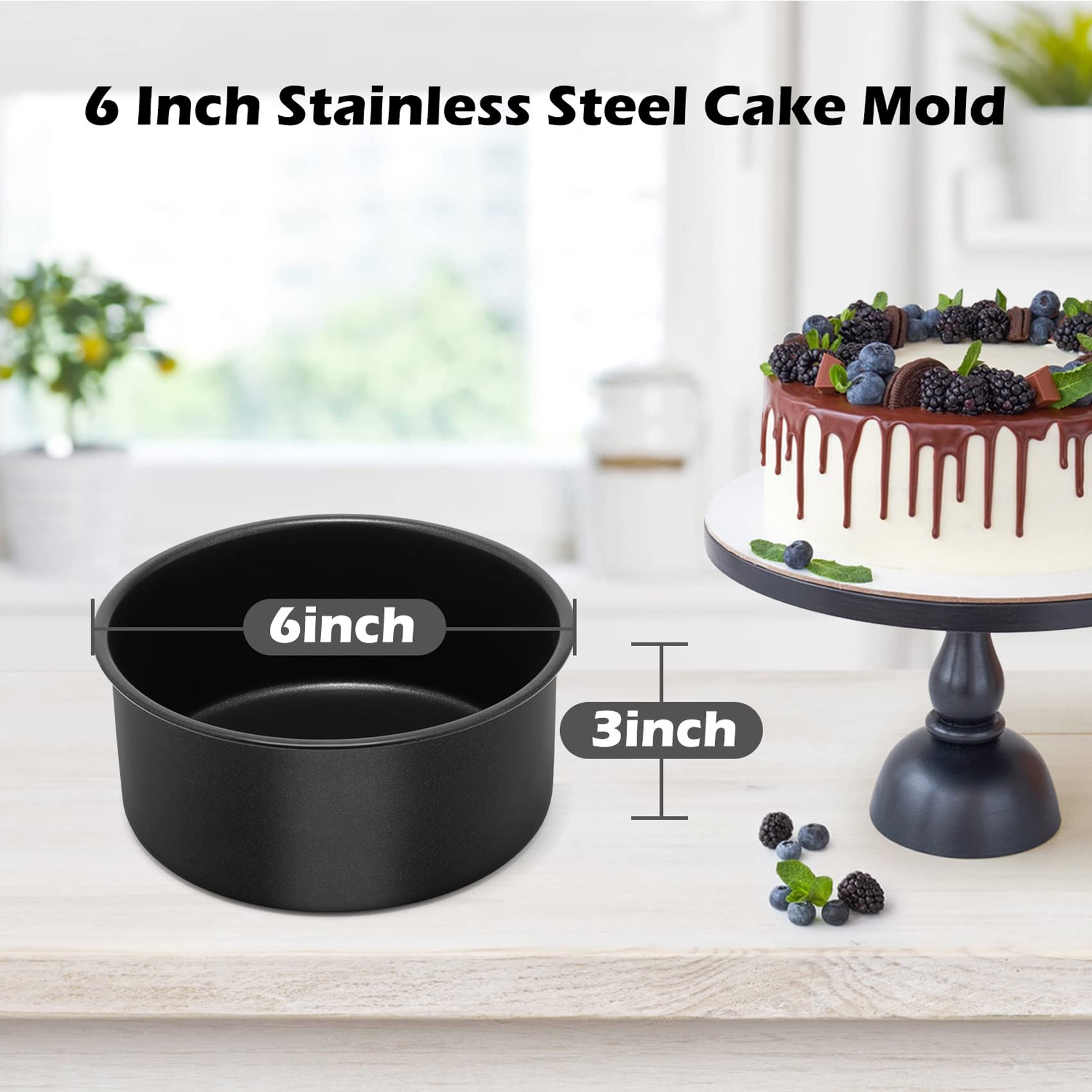 LIANYU 6 inch Cake Pans for Baking, Round Cake Pan Set of 4, Nonstick Stainless Steel Baking Tin Bakeware for Birthday Wedding Party, Non Toxic Coating, 3 Inch Deep, Black