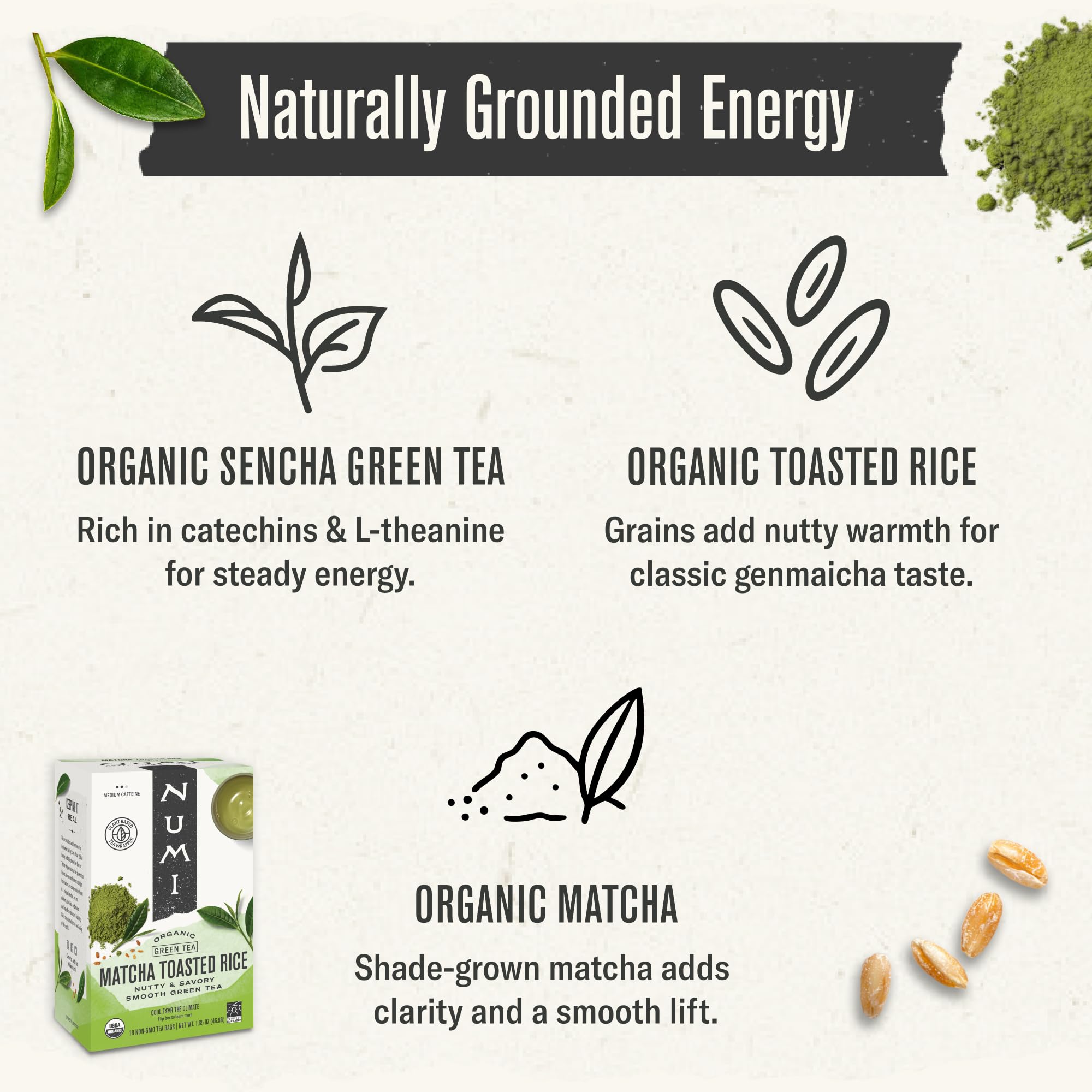 Numi Organic Matcha Toasted Rice Tea, 100 Green Tea Bags, Medium Caffeine