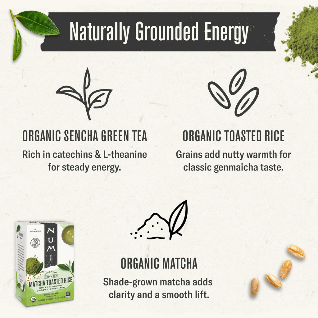 Numi Organic Matcha Toasted Rice Tea, 18 Green Tea Bags, Medium Caffeine