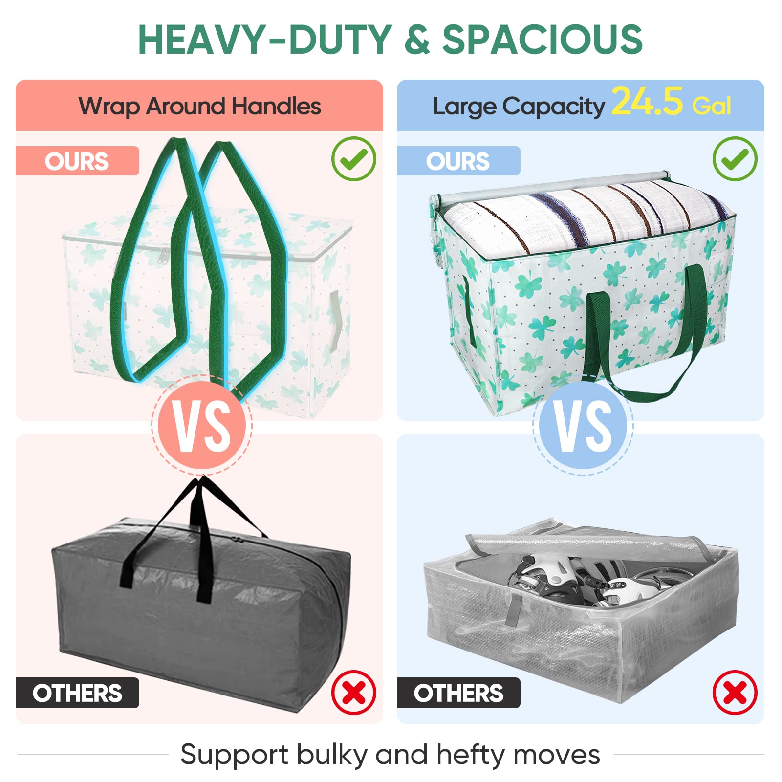 BALEINE 2-Pack Oversized Moving Bags with Reinforced Handles, Heavy-Duty Storage Tote for Clothes, Moving Supplies (Clover, 2-Pack)