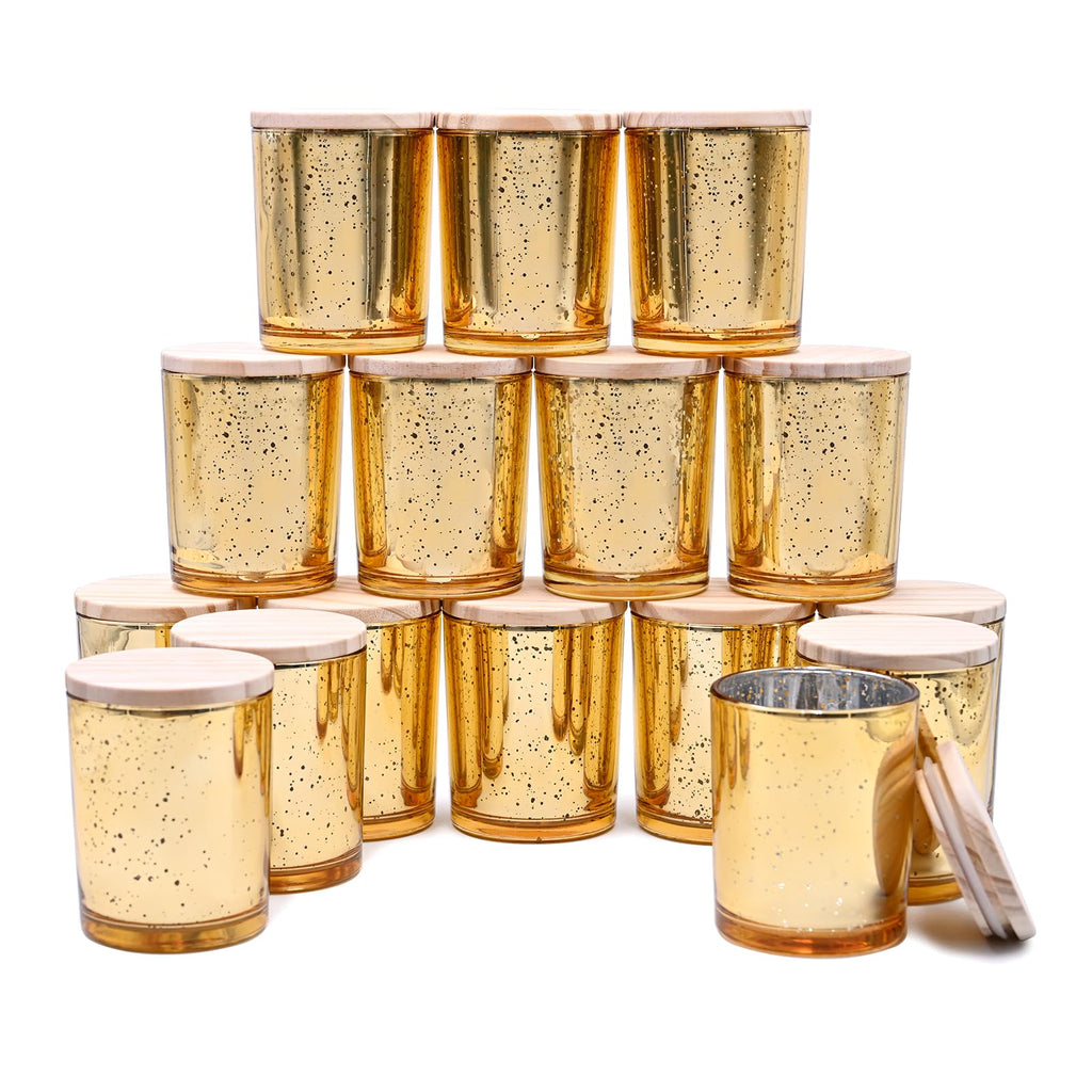 SHOWIN Thick Candle Jars for Making Candles 16 Pcs, 7 OZ Empty Jars with Wood Lids for Candle Making, Sample Container, Gold