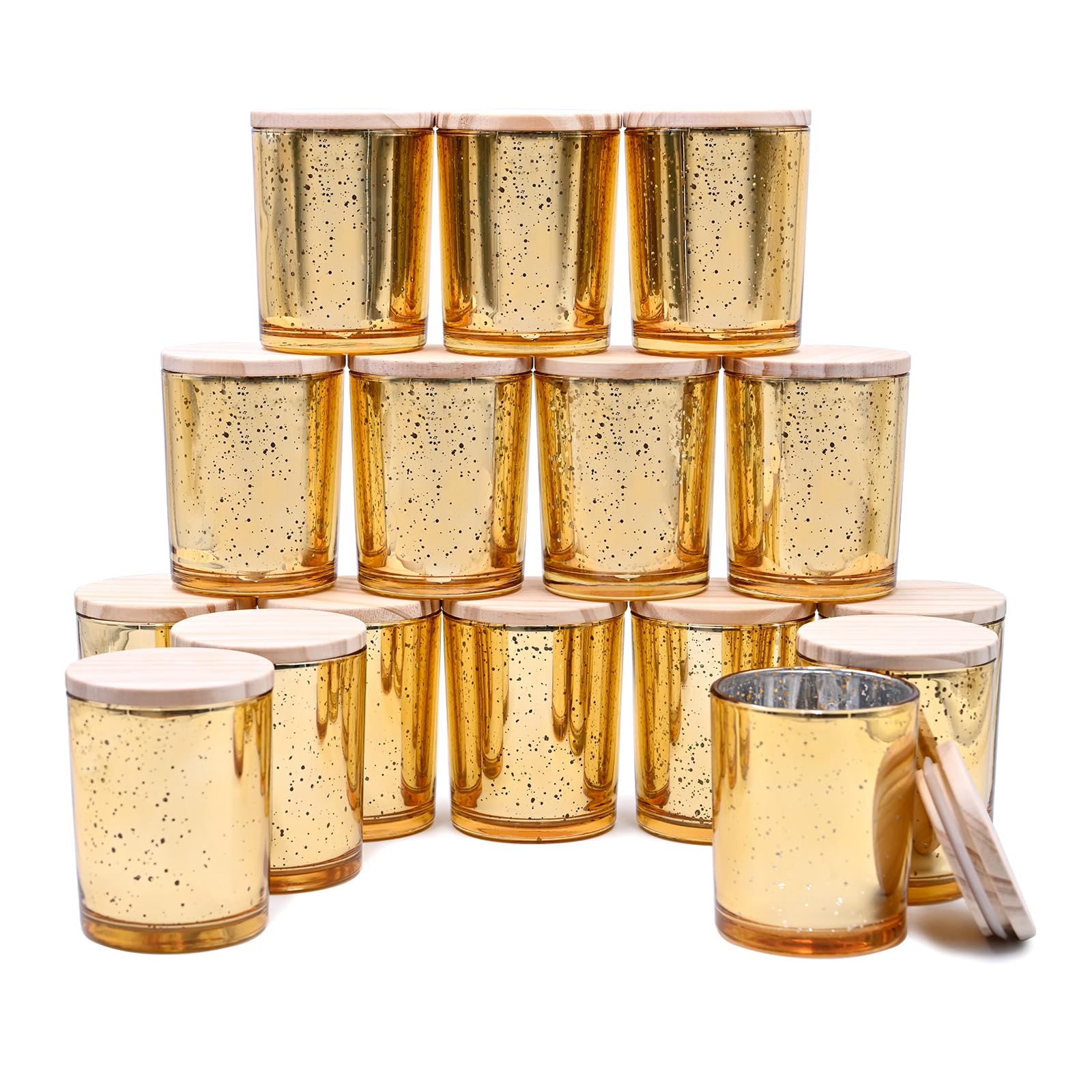SHOWIN Thick Candle Jars for Making Candles 16 Pcs, 7 OZ Empty Jars with Wood Lids for Candle Making, Sample Container, Gold