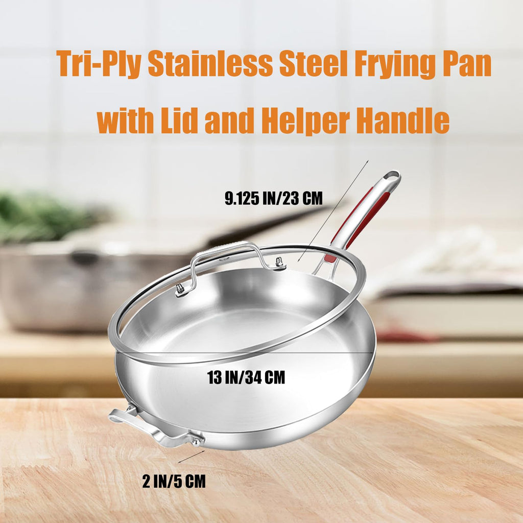 Inqibee 13 Inch Stainless Steel Frying Pan with Lid, Detachable Handle