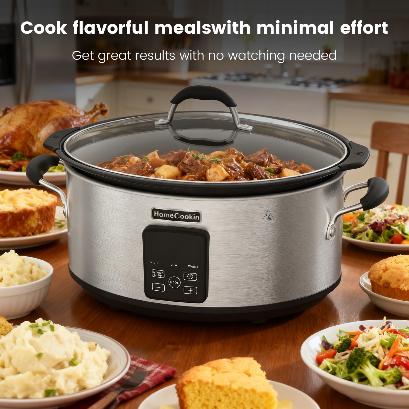 HOMECOOKIN Slow Cooker, Extra Large 10 Quart Digital Programmable Slow Cookers with Timer, Dishwasher Safe Glass Lid & Crock, Kitchen Appliance for Families and Gatherings, Stainless Steel