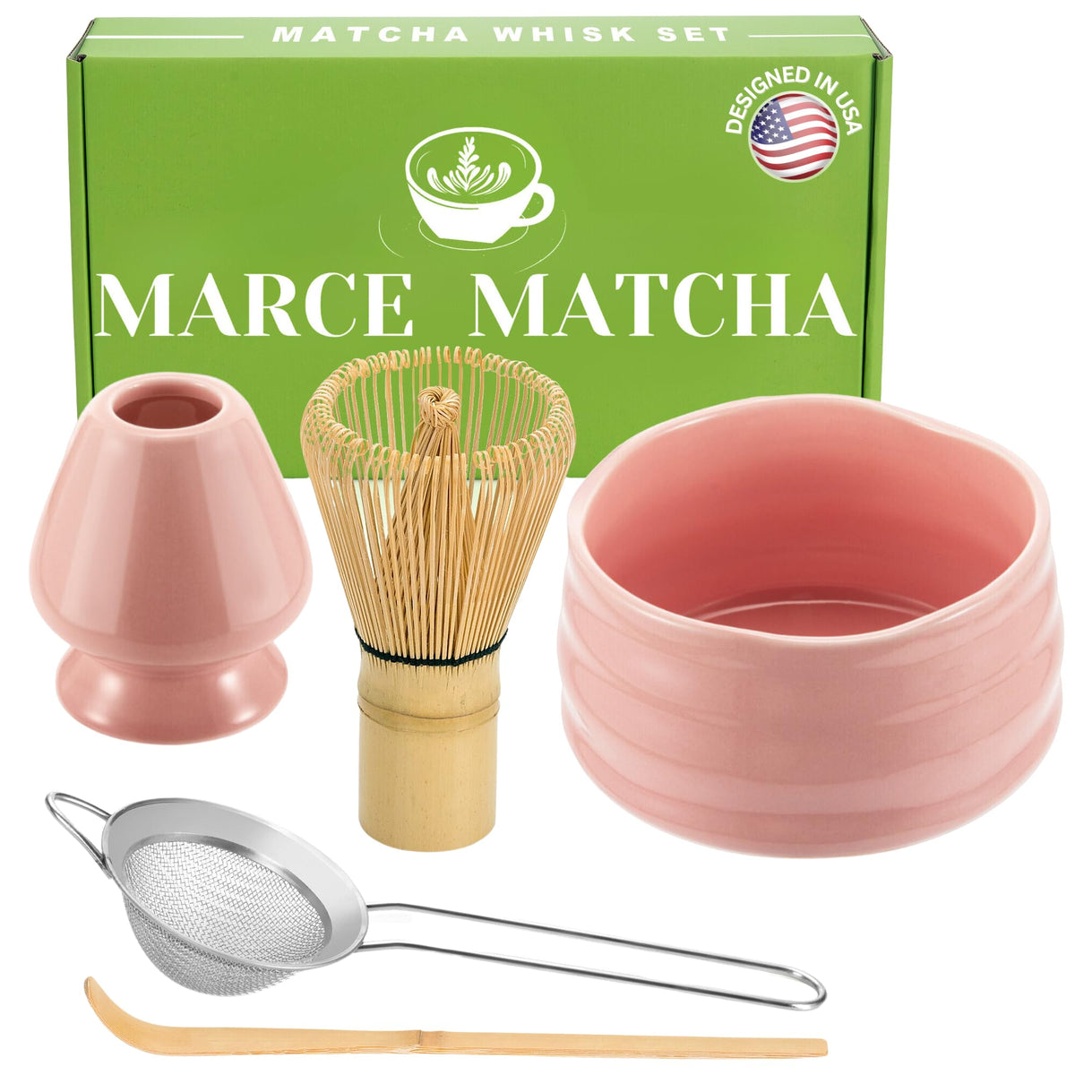 Marce Matcha Whisk Set- Matcha Set includes Matcha Whisk and Bowl with Spout, Sifter, Holder and Scoop- The Perfect Bamboo Whisk for Matcha Tea (Pink Flowers)