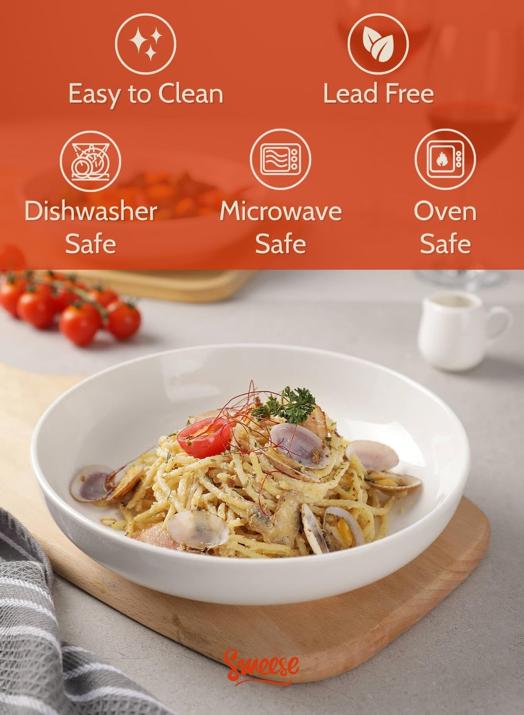 Sweese Large Salad Serving Bowls, 30 Ounce Porcelain White Pasta Plates Set of 6, 8.4 Inch Pasta Bowls for Dinner, Salad - Microwave Dishwasher