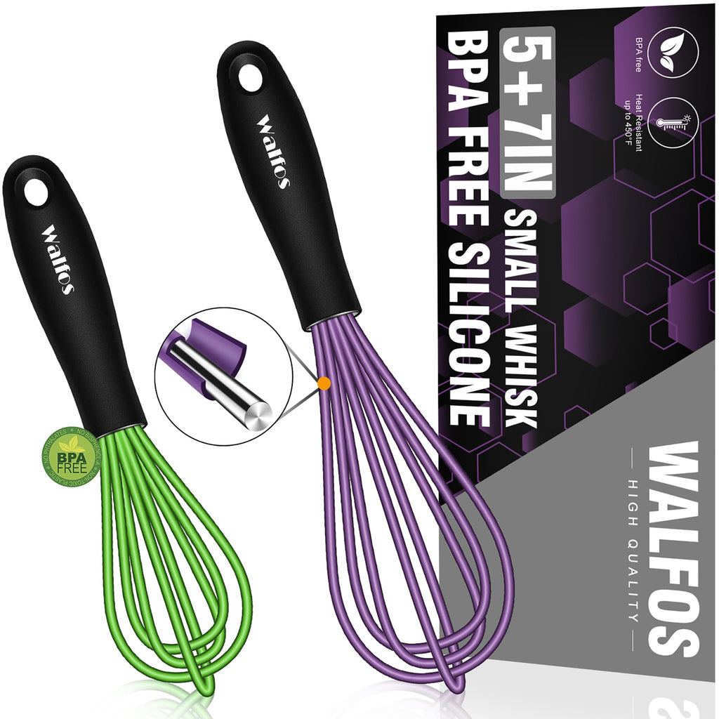 Walfos Whisk,5+7Inch Mini Whisks,Silicone Non Scratch whisk,Heat Resistant(480°F) Small whisks Suitable for stirring individual eggs and mixing small amounts of powder and sauce. Purple & Green