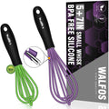 Walfos Whisk,5+7Inch Mini Whisks,Silicone Non Scratch whisk,Heat Resistant(480°F) Small whisks Suitable for stirring individual eggs and mixing small amounts of powder and sauce. Purple & Green