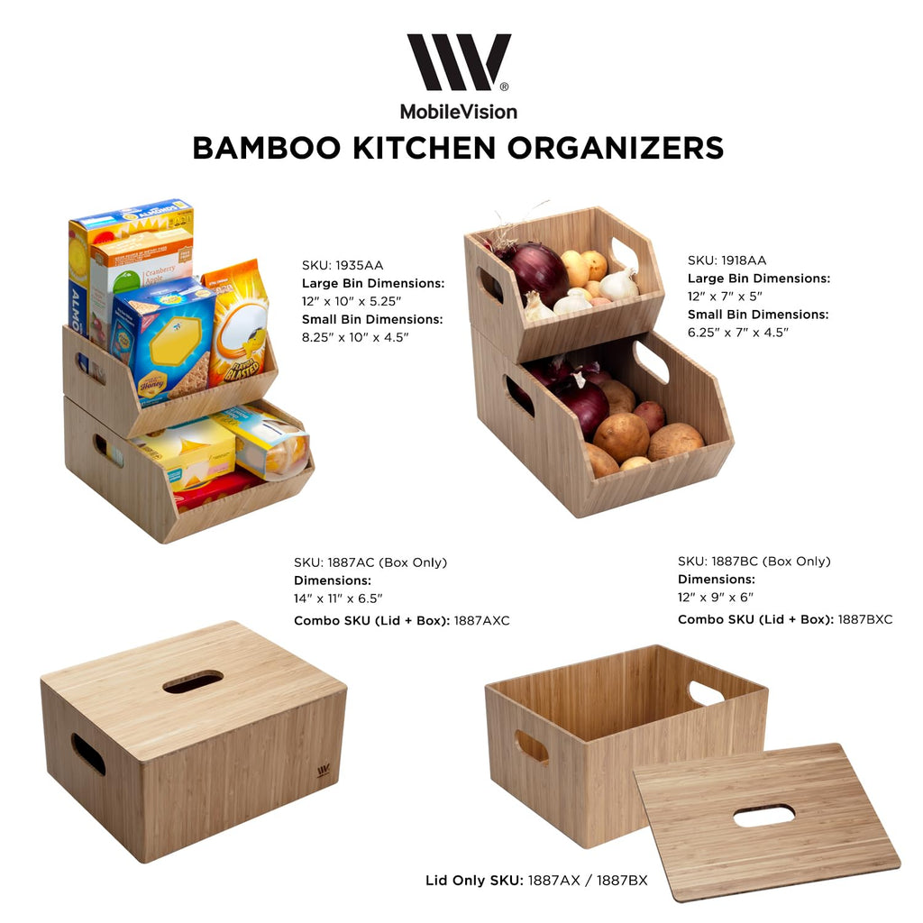 MobileVision Bamboo Storage Bins for Pantry & Kitchen Cabinet Organizer Multi-Purpose 2 PC Stackable Set for Canned Goods, Vegetables, Pouches, Boxed Meals & more