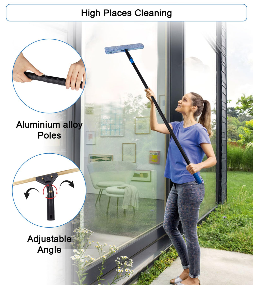 Swivel Squeegee Kit with 4 Extension Poles,Glass Scraper, Bendable Duster, 2 Window Scrubber Cloth for Glass, Car, Floor, Home,Garden