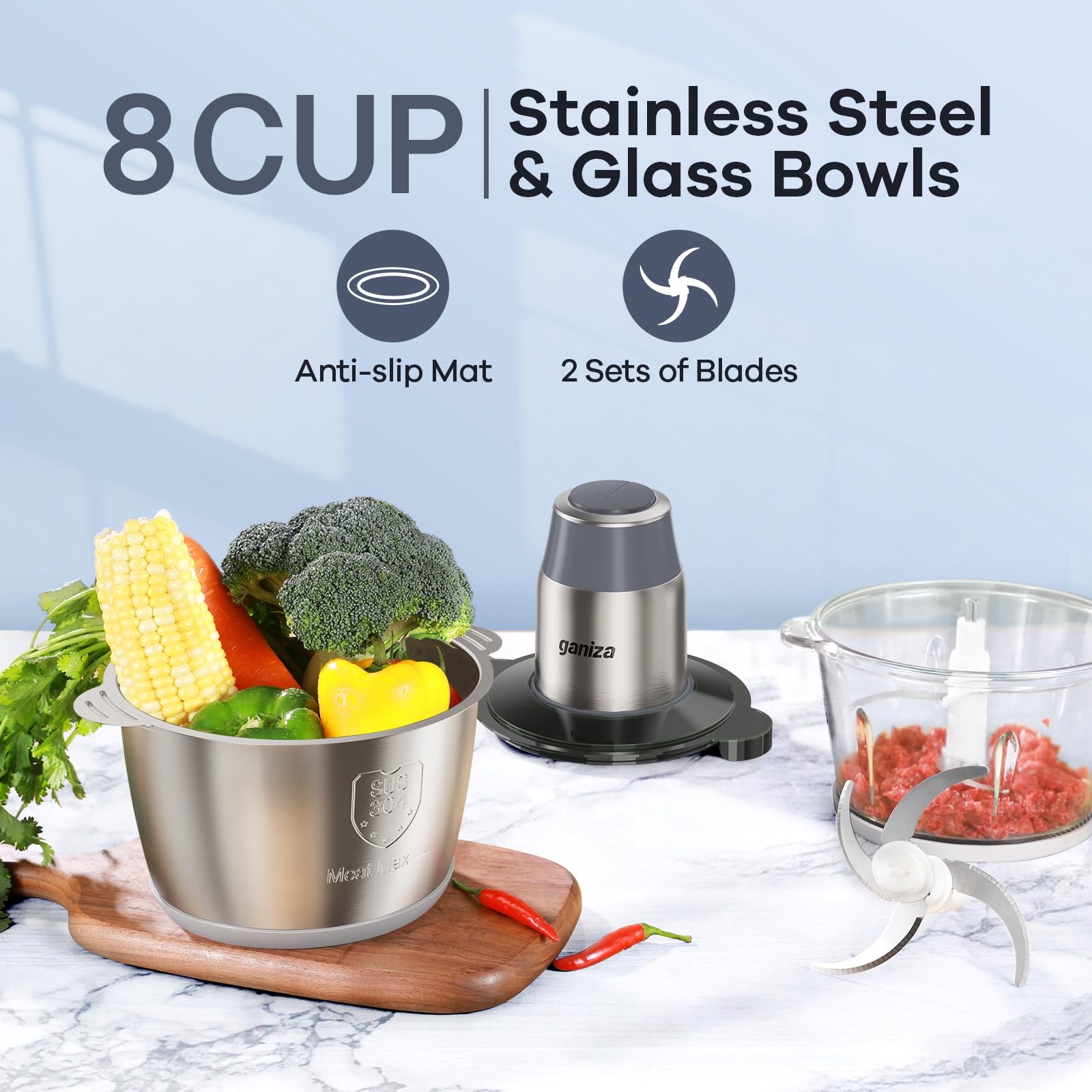 Ganiza Food Processors with 2 Bowls, 450W Meat Grinder Vegetable Chopper