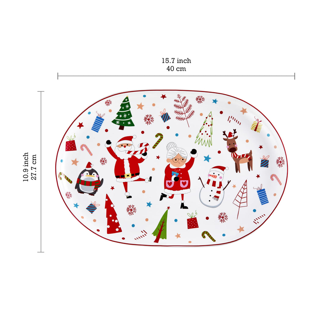 Bico Christmas Merry Crew Ceramic 16 inch plus 12 inch Ceramic Oval Platter, Set of 2, for Serving Turkey, Steak, Salad, Microwave & Dishwasher Safe