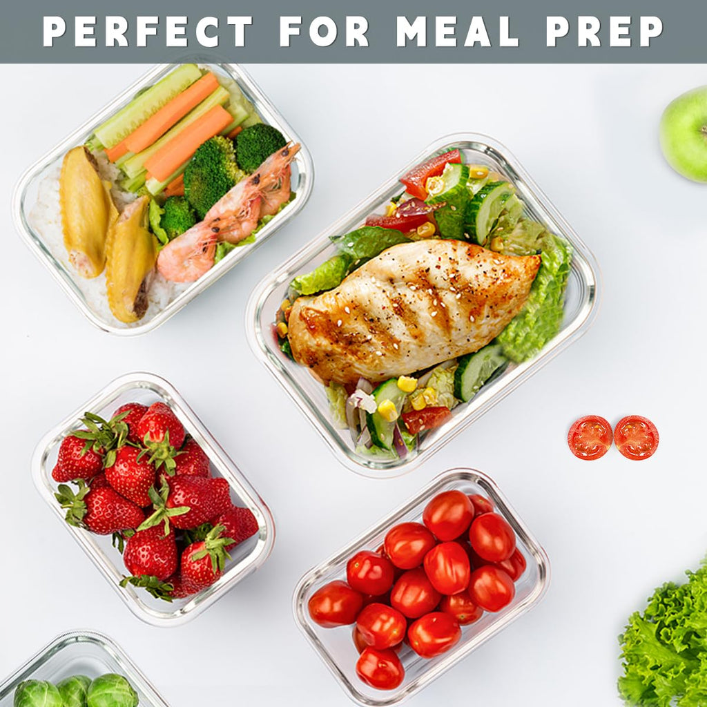KAMOTA 10 Pack Airtight Glass Meal Prep Containers with Snap-Lock Lids