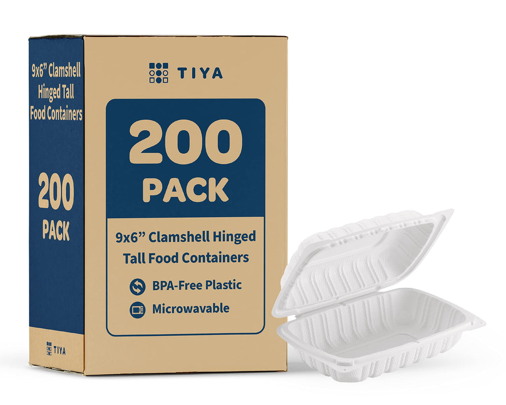 TIYA Clamshell Food Containers - White Bulk 200 Pack, 9x6 in - BPA-Free Mineral-Filled To-Go Containers - Reusable, Microwavable, Hinged, Tall Takeout Clamshells - Great for Meal Prep