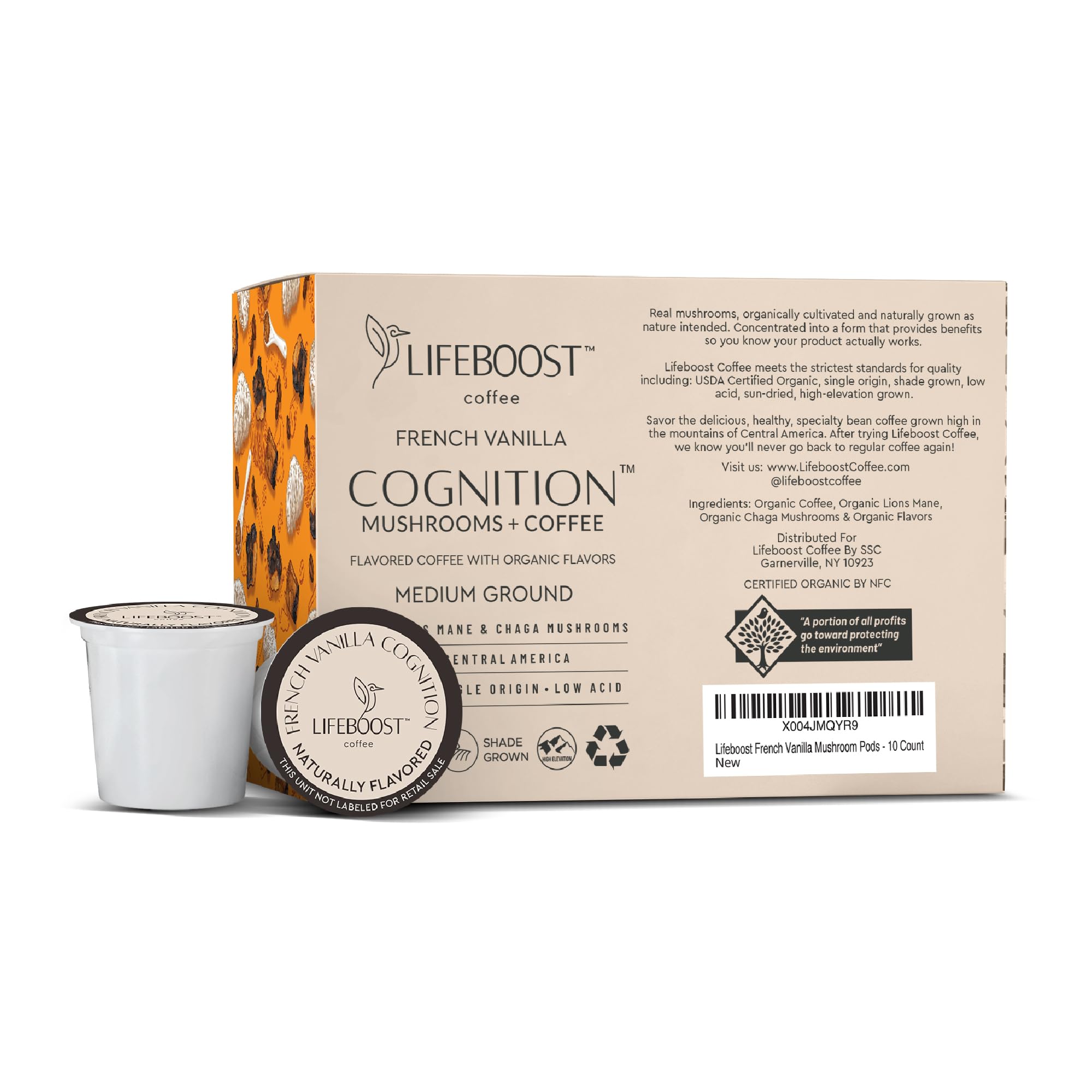 Lifeboost French Vanilla Cognition Mushroom Coffee Pods - Low Acid Organic K-Cups with Lion’s Mane & Chaga Nootropic Mushrooms for Focus, Energy & Immune Support - 10 Count