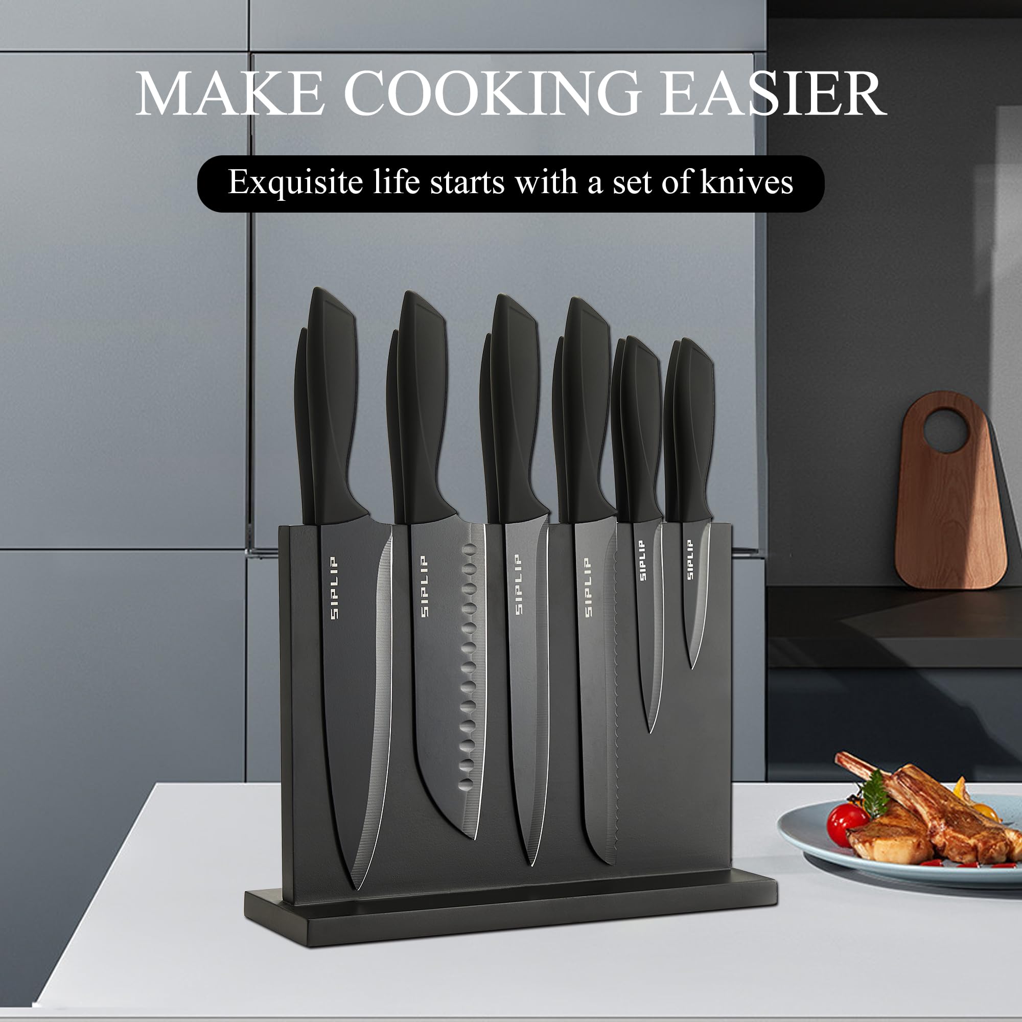 SipLip Kitchen knife set with Magnetic knife holder, 15 pieces high carbon stainless steel sharp kitchen knife set including chef's knife, bread knife, serrated steak knife set