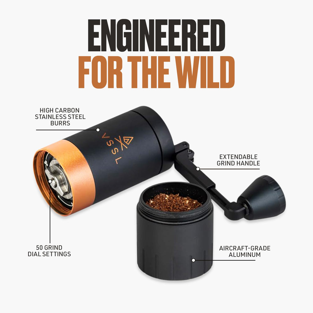 【VSSL Java G45】Premium Manual Coffee Grinder | Portable Coffee Grinder for Camping or Hiking | Straight Handle French Press, Drip, Espresso with Stainless Steel Conical Burr Mill | 45 gram capacity