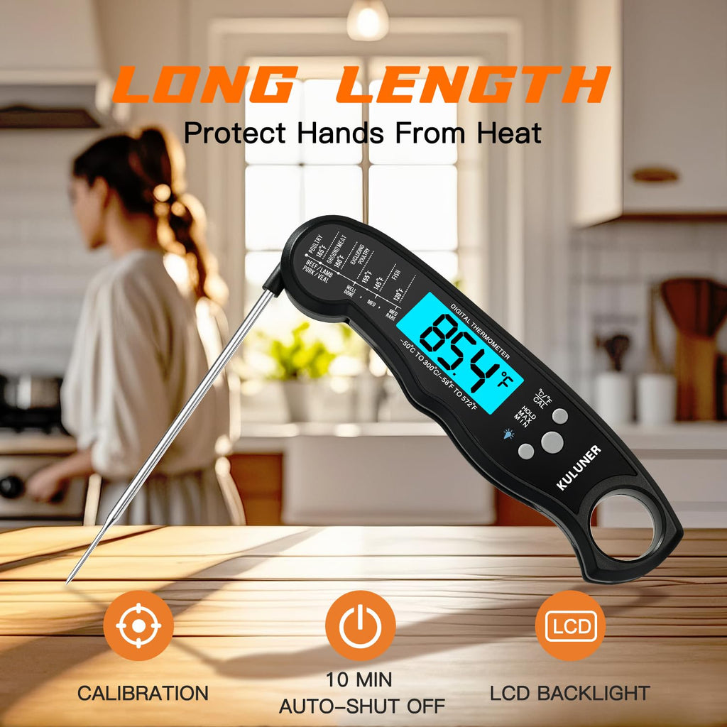 KULUNER Digital Meat Thermometer Instant Read, Waterproof Probe with Backlight & Calibration, Ultra Fast 2-3s Reading, Stainless Steel Kitchen Food Thermometer for Grilling BBQ Cooking Candy - Black