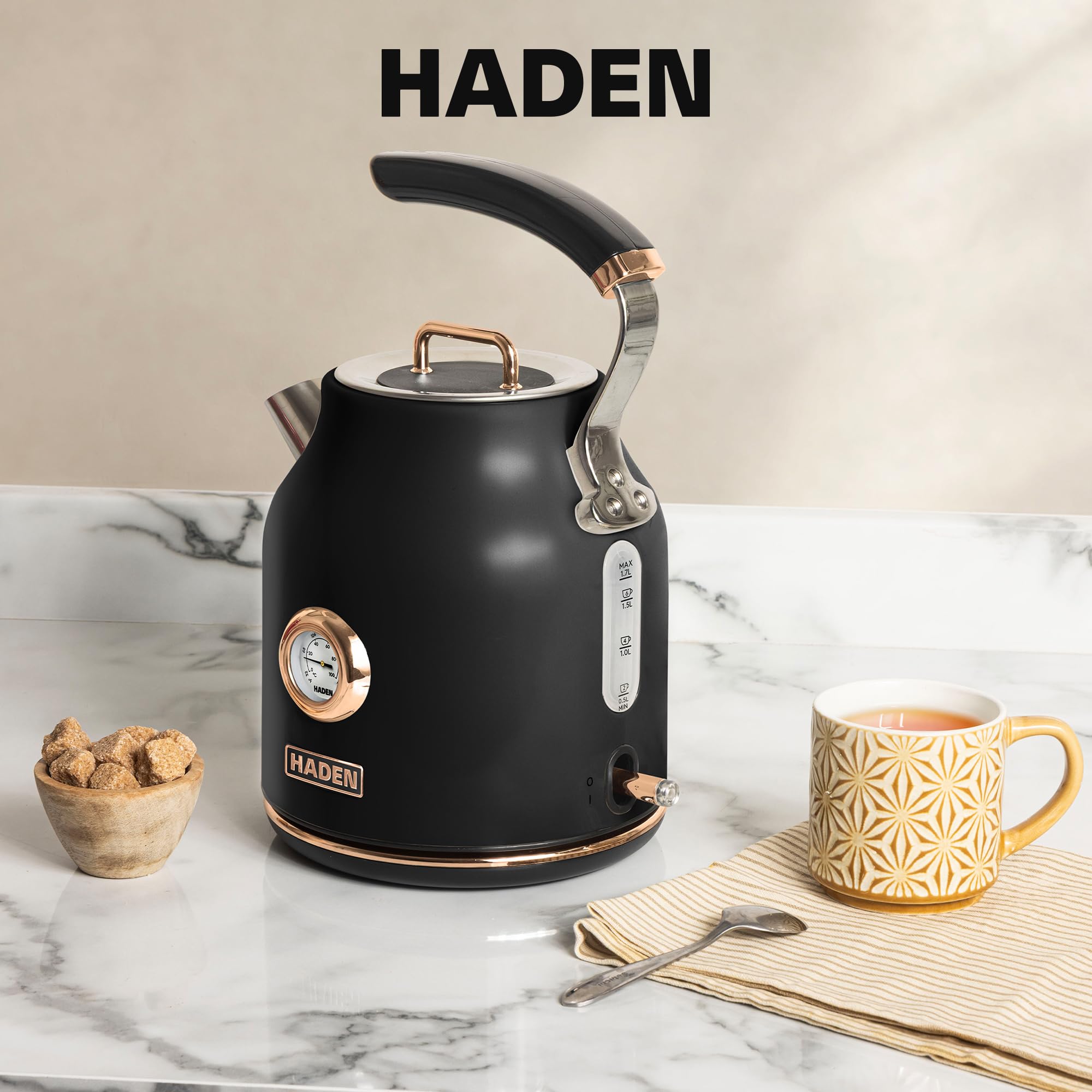 Haden Dorset 1.7 Liter Stainless Steel Electric Kettle, Hot Water Kettle with 360-Degree Base and Auto Shutoff, Black & Copper