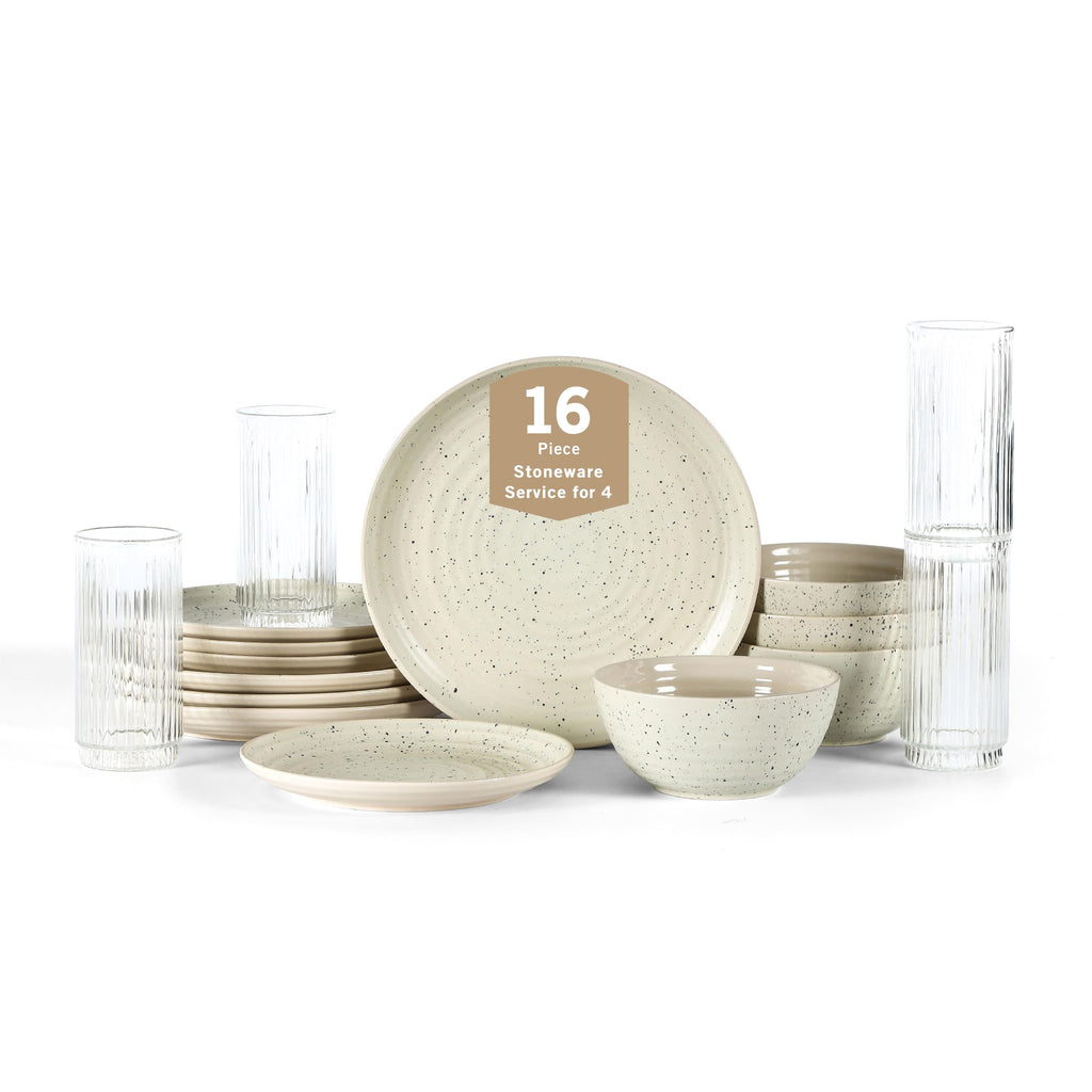 Stone Lain Dua 16-Piece Dinnerware Set Stoneware, Borosilicate Glass, White