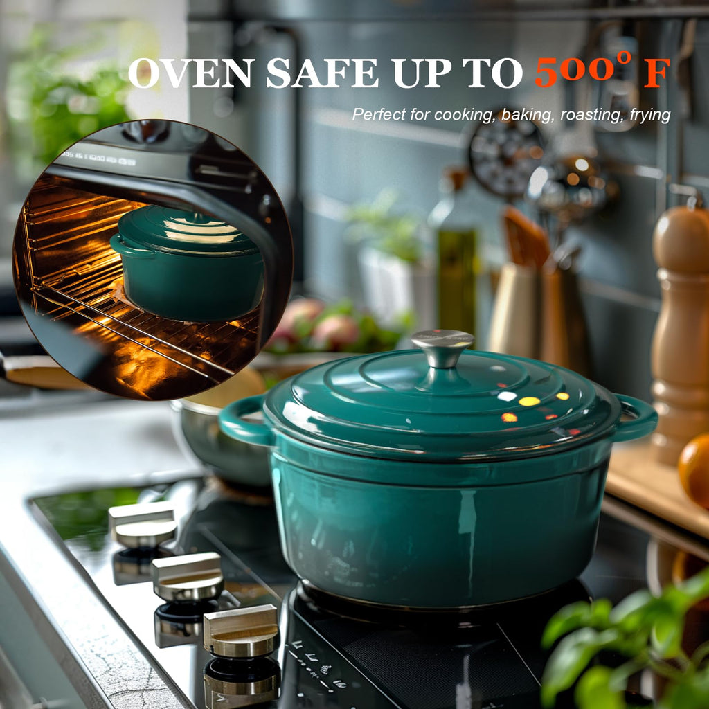 Overmont Enameled Cast Iron Dutch Oven - 4.5QT Pot with Lid Cookbook & Cotton Potholders - Heavy-Duty Cookware for Braising, Stews, Roasting, Sourdough Baking bottle green