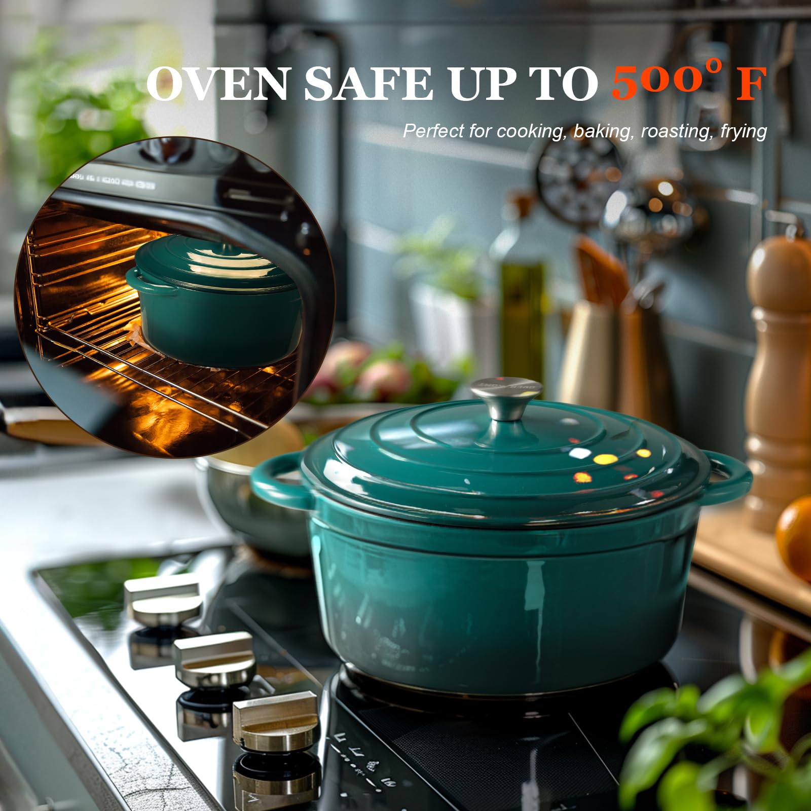 Overmont Enameled Cast Iron Dutch Oven - 4.5QT Pot with Lid Cookbook & Cotton Potholders - Heavy-Duty Cookware for Braising, Stews, Roasting, Sourdough Baking bottle green