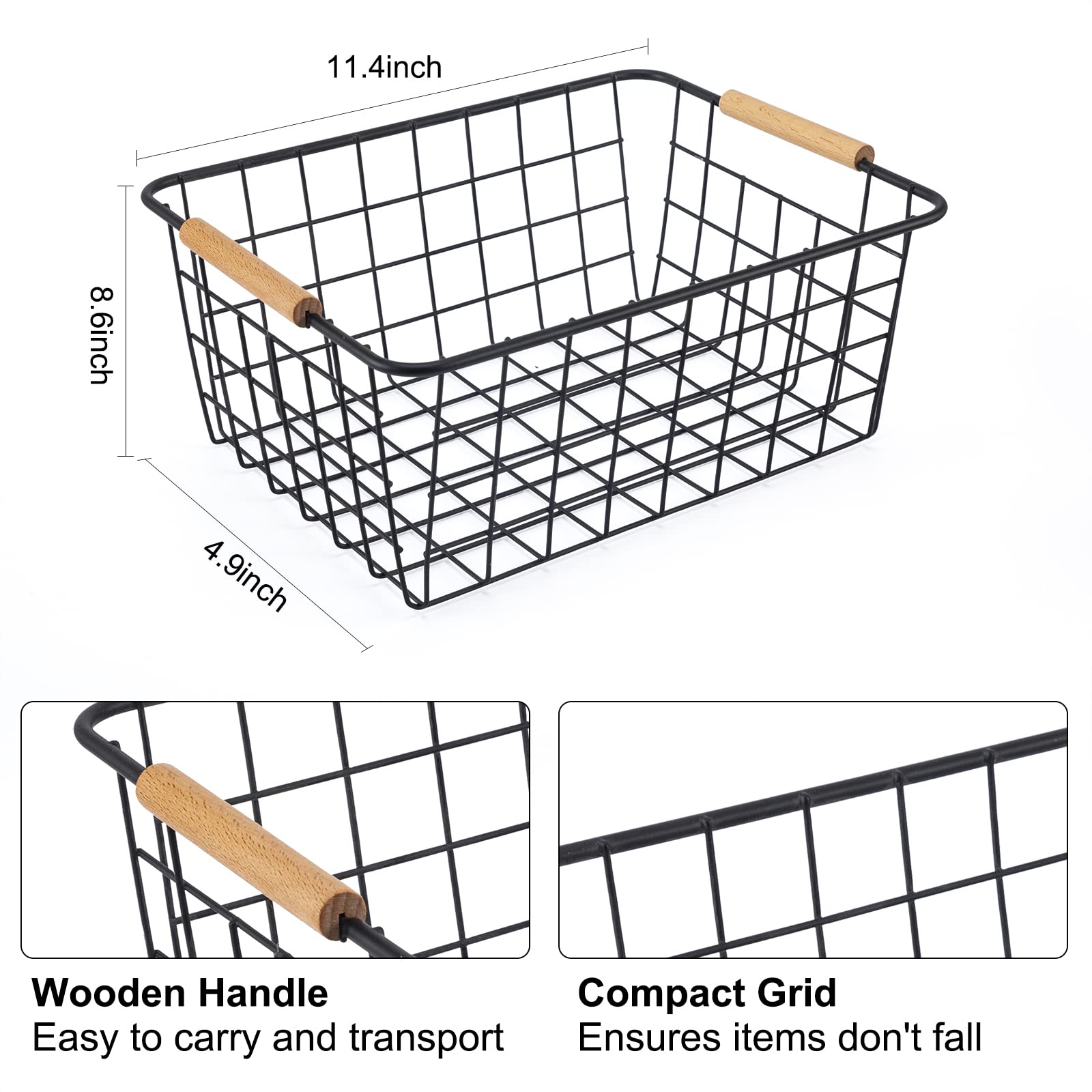 Black 2PCS Wire Storage Baskets with Wooden Handles for Pantry Organizer