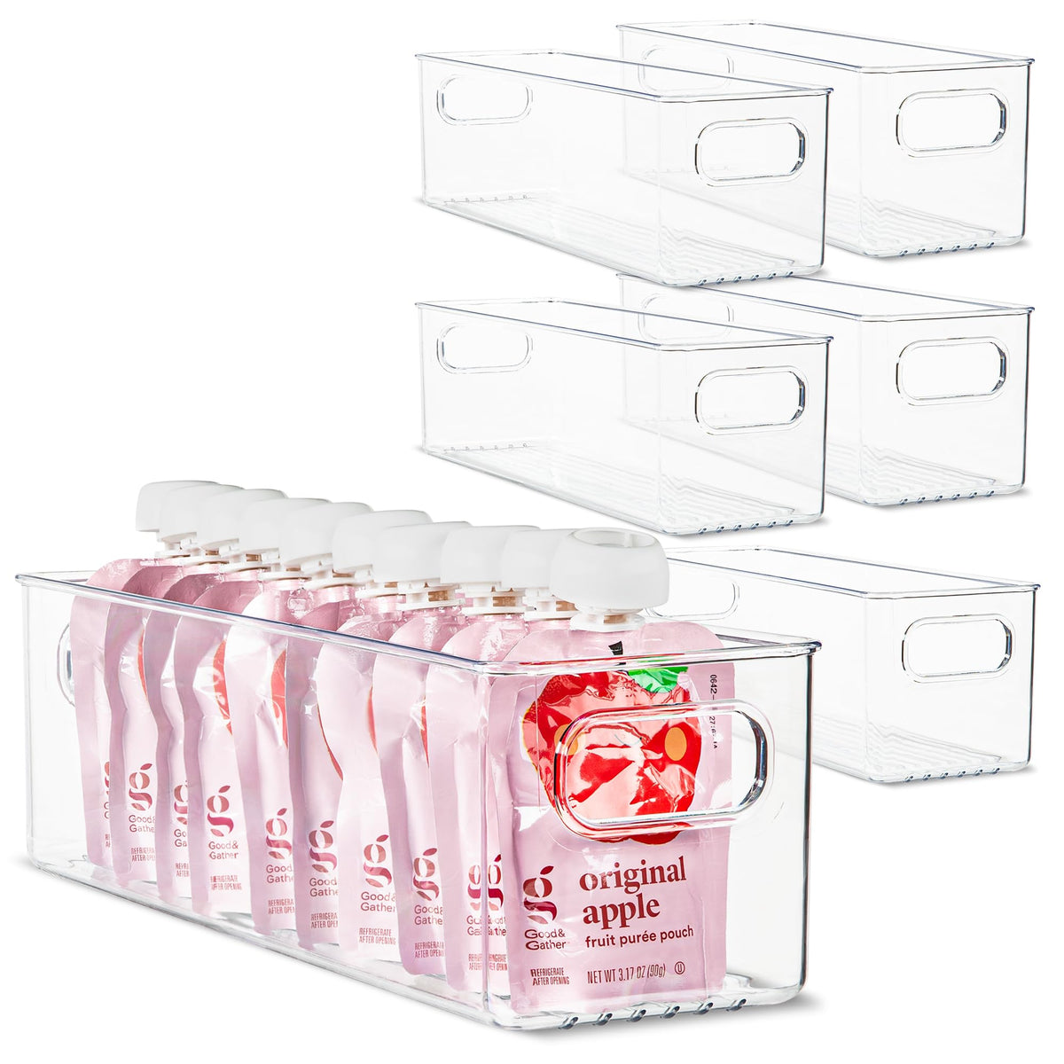 Plastic Food Storage 2 Pack Clear Container Bin with Handles for Organizing Kitchen, Pantry, Refrigerator, Freezer, Pantry, Cabinet, Closet, Bathroom. 16”x8”x5”