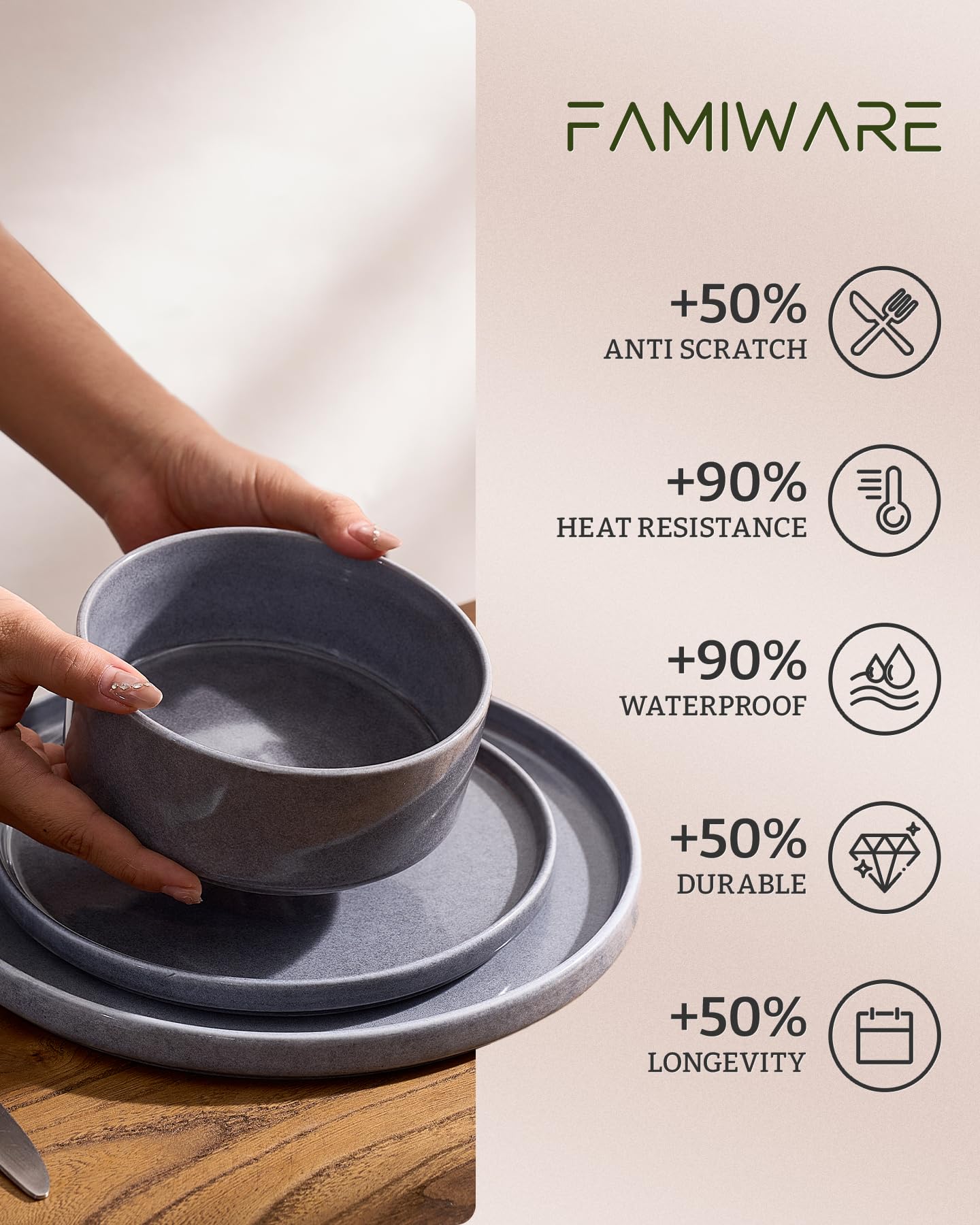 Famiware Annecy 16-Piece Stoneware Plates and Bowls, Misty Blue