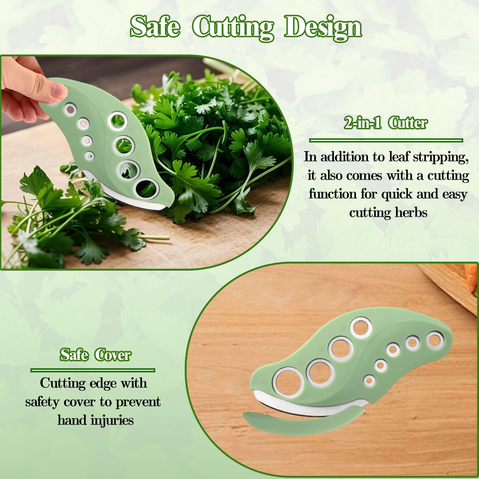 YAKAUEI 2 Pack Herb Stripper, Stainless Steel Herbs Leaf Stripping Tool, Herb Leaf Peeler 9 Holes Design for Collard Greens Thyme Basil Rosemary Stripper, Dishwasher Safe (Green)