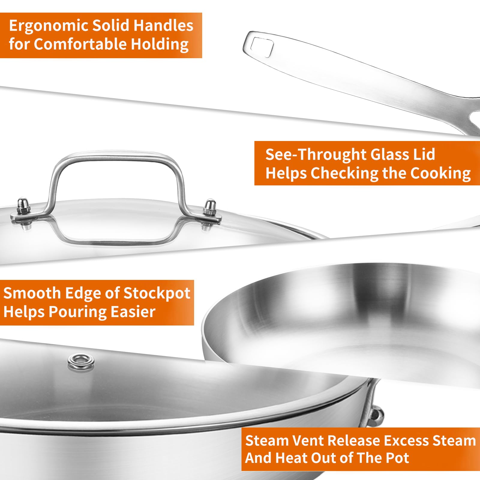 DELARLO Tri-Ply Stainless Steel Frying Pan 12" With Lid Kitchen Skillet