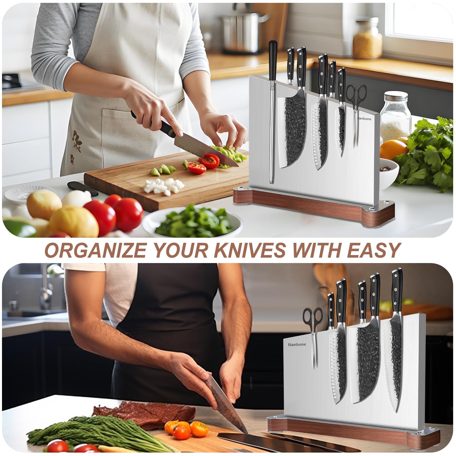 Nanbone Magnetic Knife Block Without Knives Large Double Side Magnetic Knife Holder Stand with Strong Magnet, Stainless Steel Knife Storage Organizer for Kitchen Counter Knife Rack Three Magnet Strip