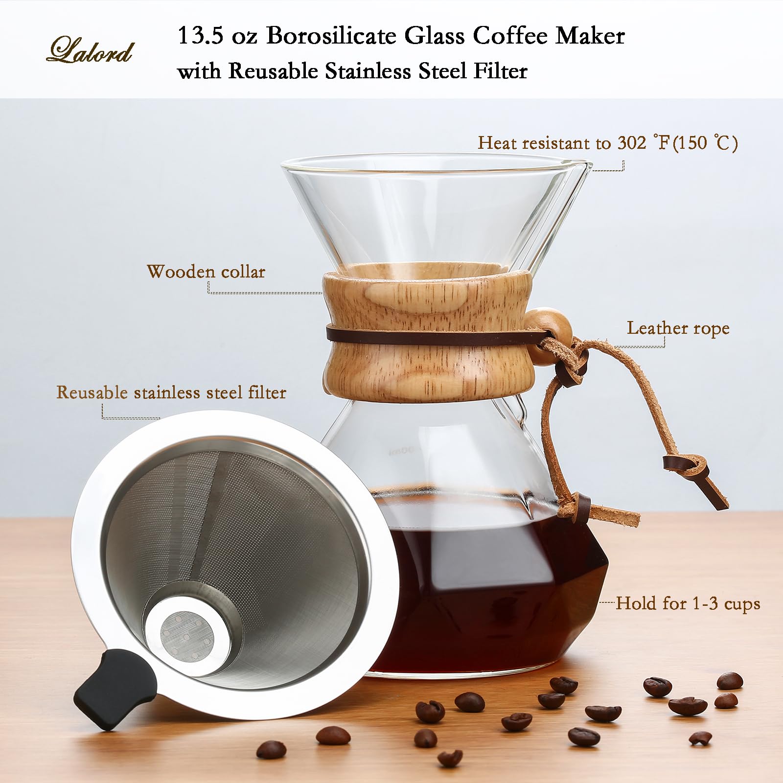 Lalord Pour Over Coffee Maker, 400ml/13.5oz Borosilicate Glass Carafe with Stainless Steel Filter & Modern Wooden Collar, 2 Cups Capacity, Clear