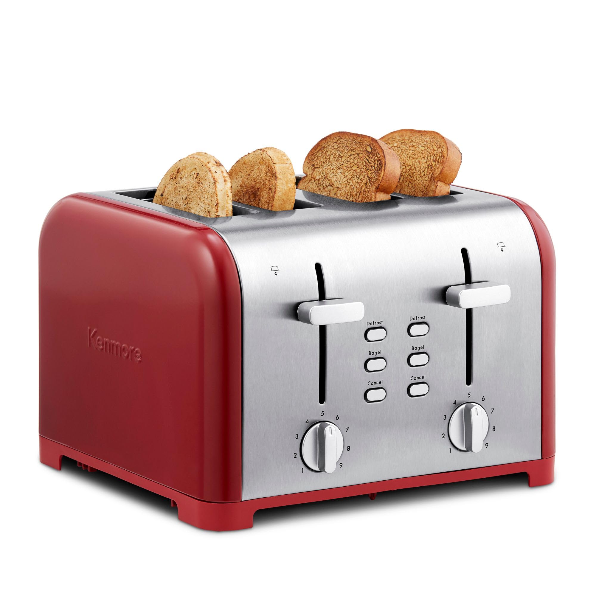 Slice Toaster, Red Stainless Steel, Dual Controls, Extra Wide Slots, Bagel and Defrost Functions, 9 Browning Levels, Removable Crumb Trays, for Bread, Toast, English Muffin, Toaster Strudel