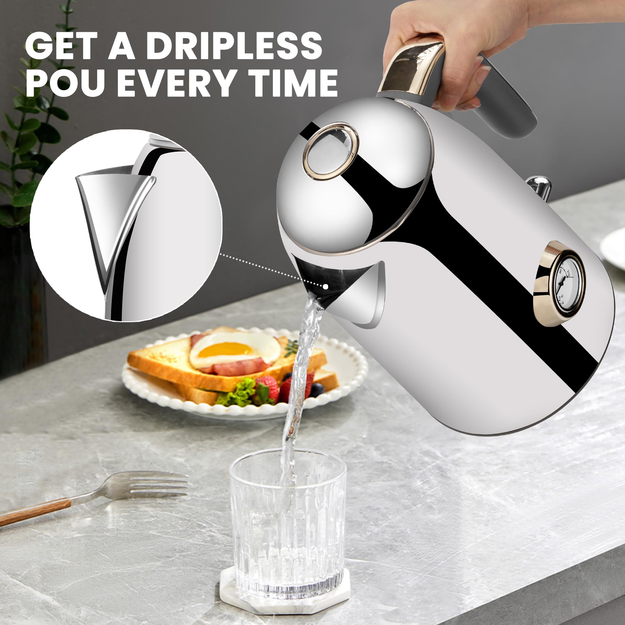 SUSTEAS 57oz Electric Kettle with Thermometer, Hot Water Pot, Glossy Silver