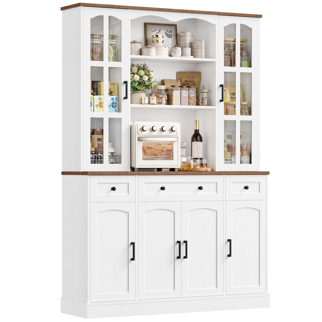 Keyluv 74.8" Tall Pantry Cabinet with Microwave Stand, Large Storage Kitchen Hutch with 3 Drawers & Adjustable Shelves, Arched Glass Door Buffet Cabinet for Kitchen, Dining Room, Living Room, White