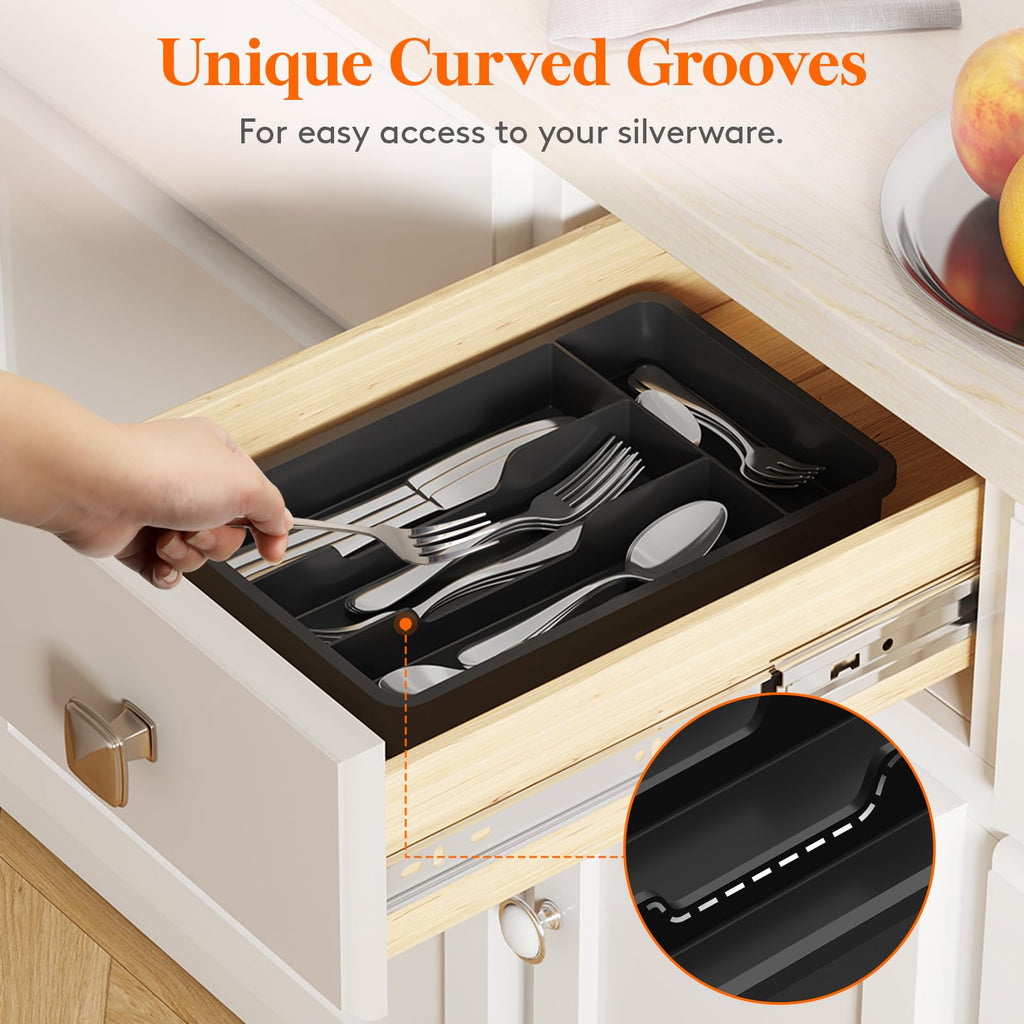 Lifewit Silverware Drawer Organizer Tray, Plastic Cutlery Storage for Kitchen, Flatware and Utensil Holder Divider for Spoons Forks Knives Tableware, 7.8 x 12.4", 4 Slots, Black