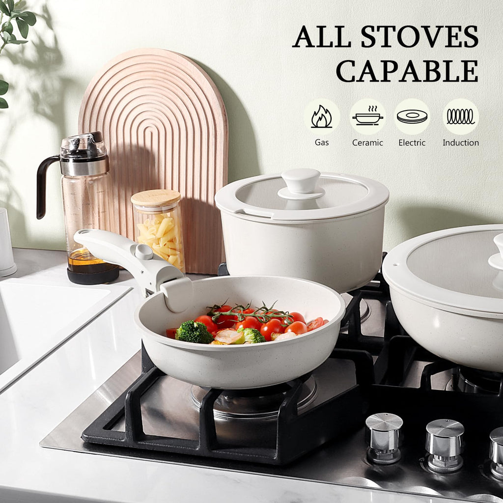 GiPP Non Stick Frying Pans Set Removable Handle, Oven Safe Nonstick Fry Pan Skillets with Detachable Handle, Granite Coating Healthy Cooking Compatible with All Stovetops, PFOA Free, RV Cookware set
