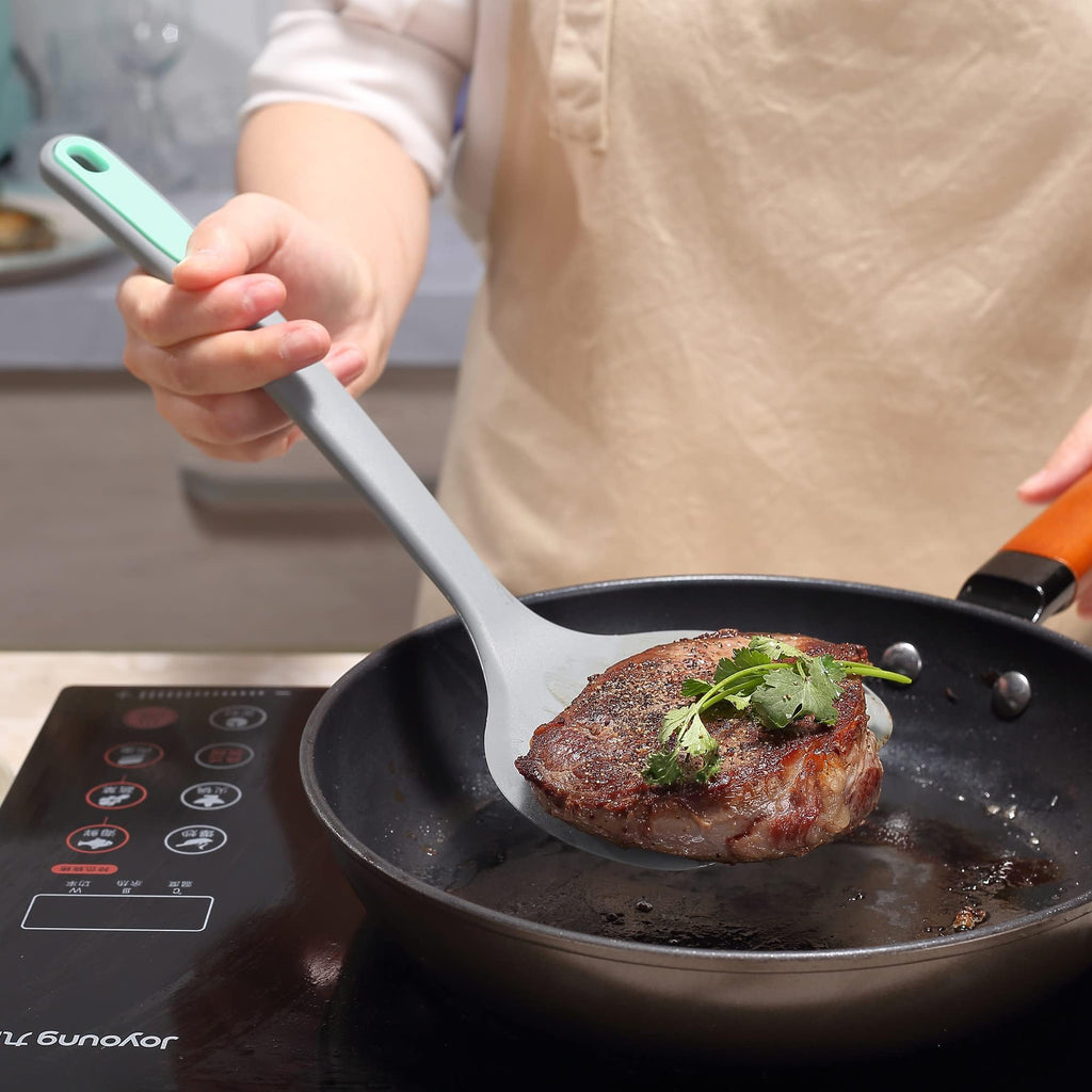 To encounter 5 Pieces Silicone Spatula Set, Non-Stick Silicone Turner Spatulas, Heat Resistance Cooking Utensils, Flip Turner for Fish, Egg, Pancake,Dishwasher Safe, Light Grey
