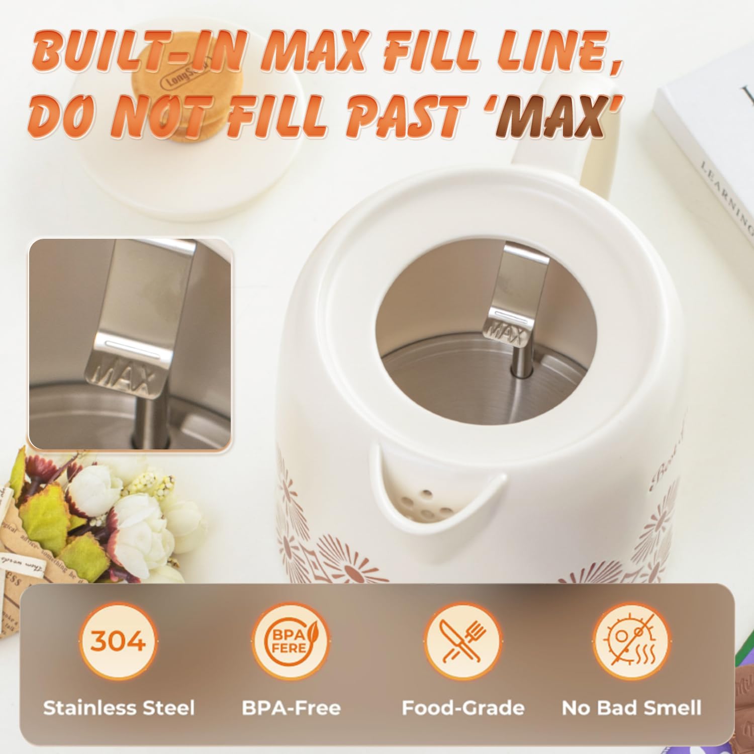LONGSEED Ceramic Electric Kettle 1 Quarts, Automatic Shut Off, Porcelain Teapot, Hot Water Electric Boiler with LED Light, Boil Dry Protection, Short Spout 1000W Rapid Boiling Water for Tea Coffee