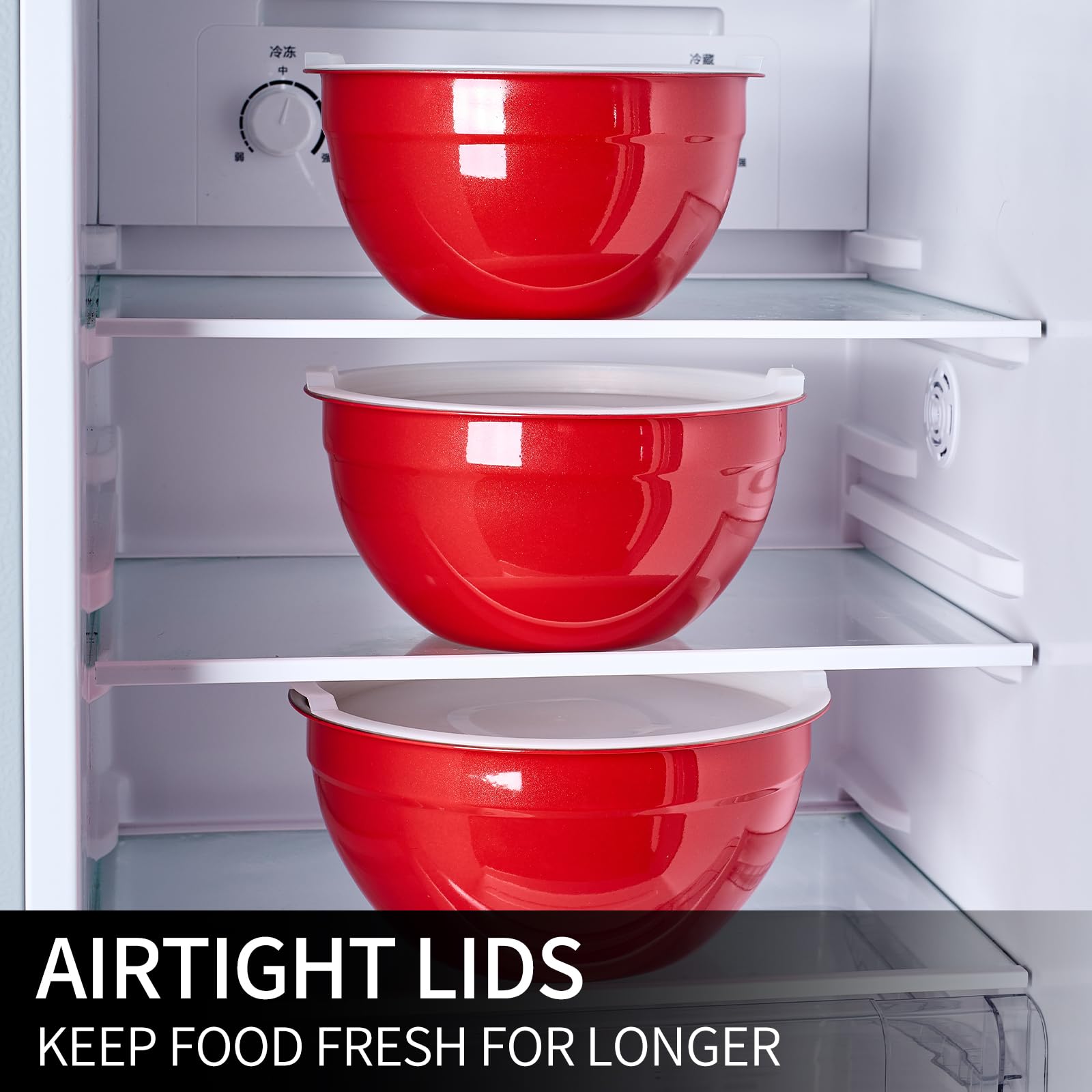 LKTDYMEG Red Mixing Bowls with Lids Set of 7, Stainless Steel Nesting Bowl with Khaki Lid for Non-slip Mixing Prepping Storing Serving, 7 Sizes-7/3.6/2.7/2.1/1.5/1/0.8 QT