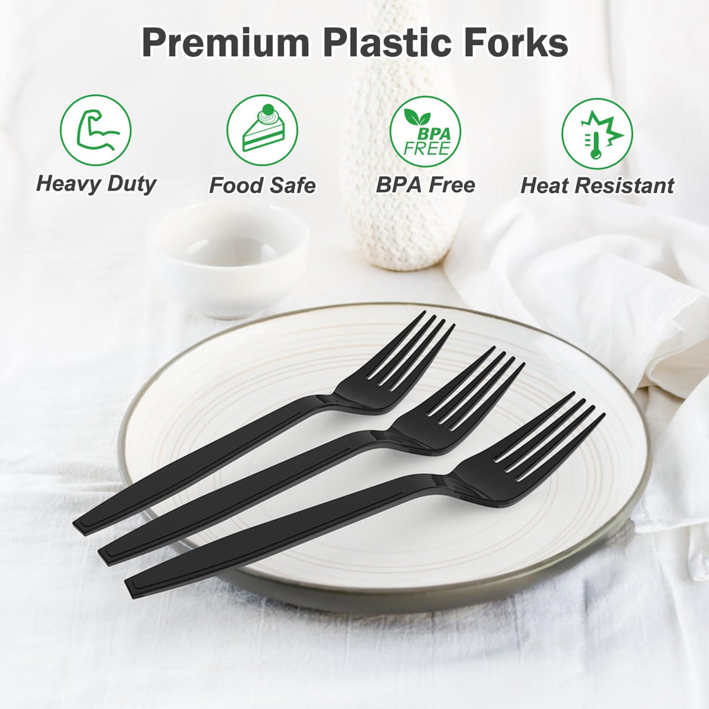 Dealusy 360 Count Extra Heavy Duty Black Plastic Forks Disposable