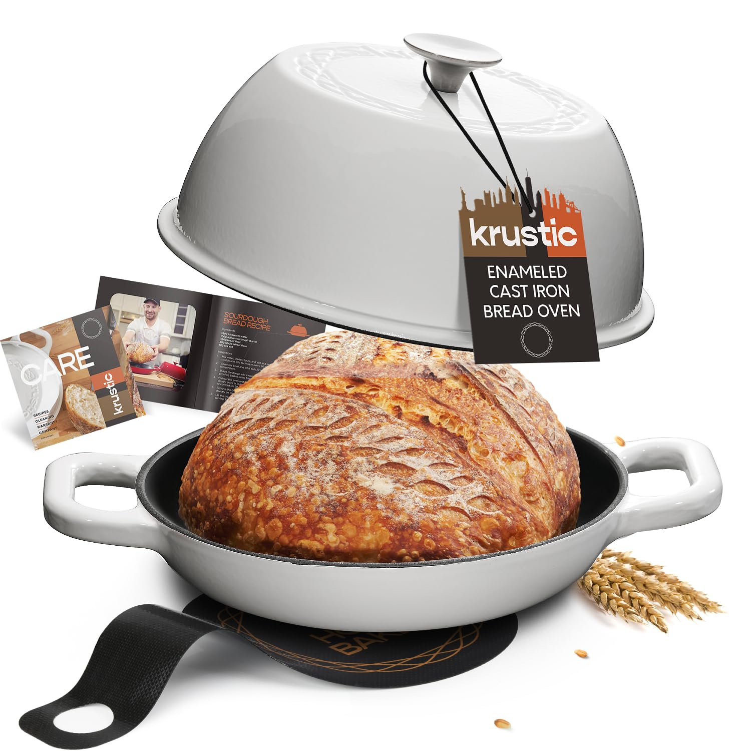 Krustic Enameled Cast Iron Dutch Oven for Sourdough Bread Baking | 6 Quart Round Pot with Lid | 10 Inch Ceramic Enamel Thick Coated Cookware Set with Non Stick Silicone Baking Mat for Cooking | 6 Qt | White