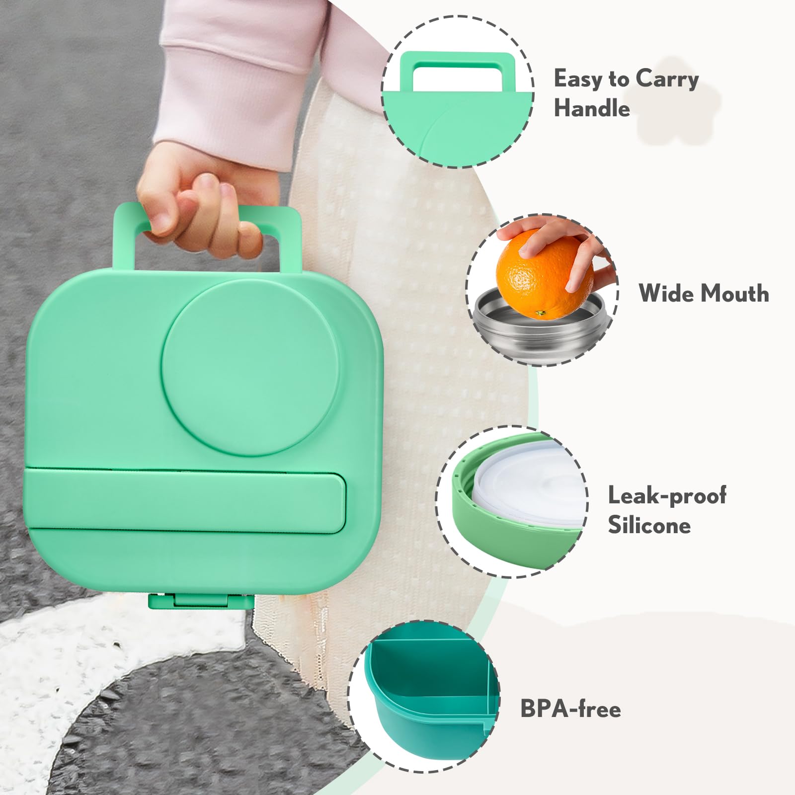 BOSEDSANG Bento Lunch Box with 12oz Soup Thermo,4 Compartments Lunch Box Containers, Spoon&Sauce Jar, BPA Free&Leak proof,Insulated Food Jar for Travel (Green)