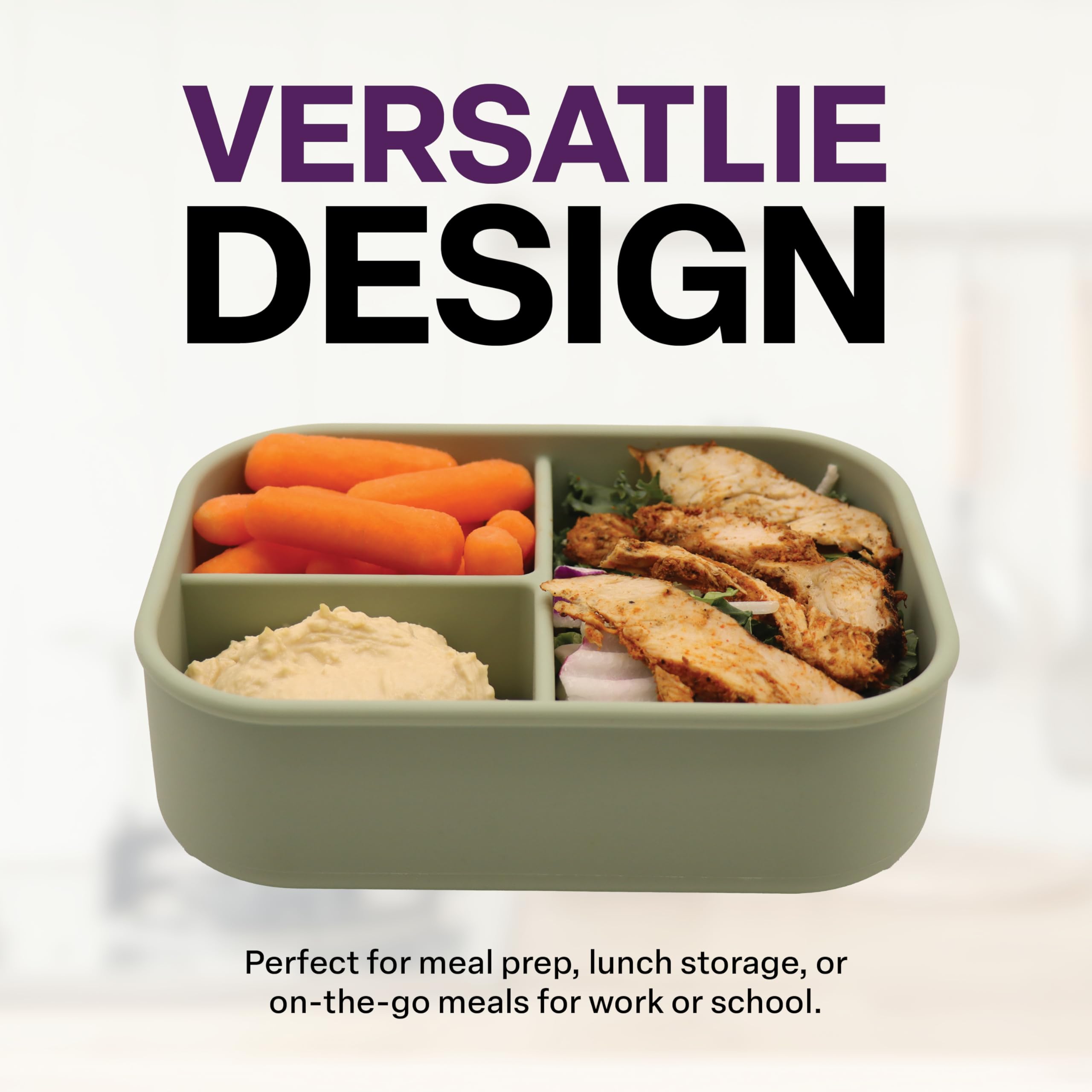 Silicone Bento Box, 3 Compartments, BPA-Free, Leak-Resistant, Dishwasher and Microwave Safe, Perfect for Work, Travel & Meal Prep, (Green)